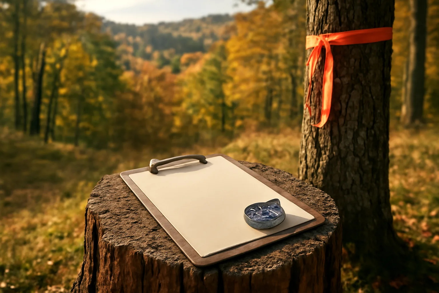 Forester's compass and tape on a stump in a marked woodland stand