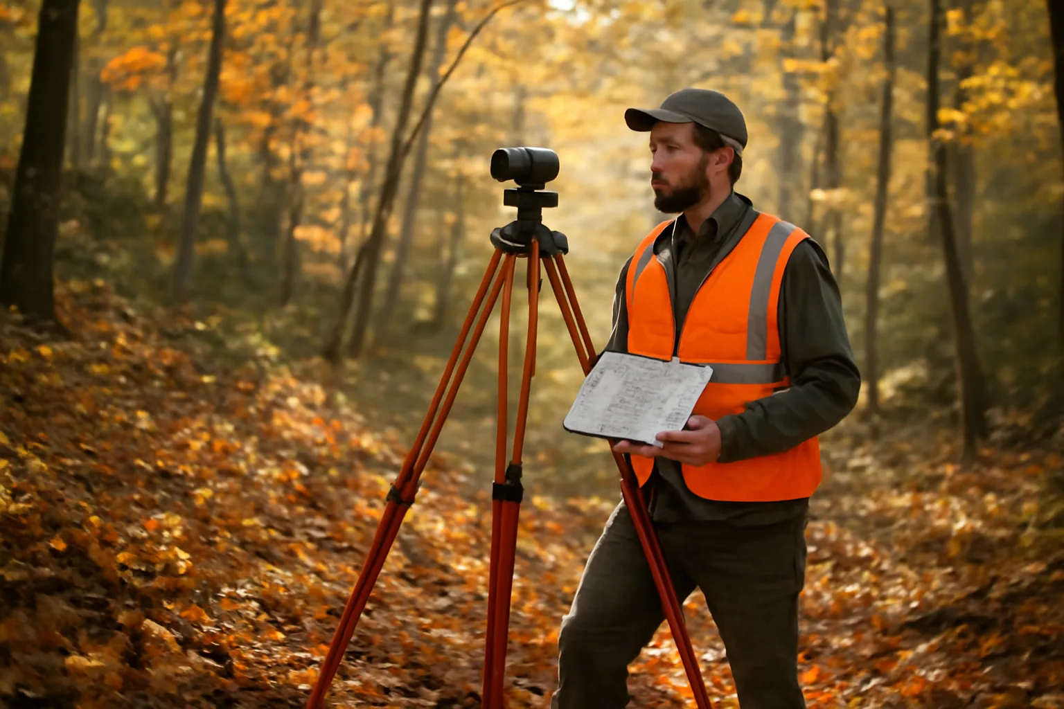 Forester with clipboard and surveying equipment on wooded hillside during forest management planning