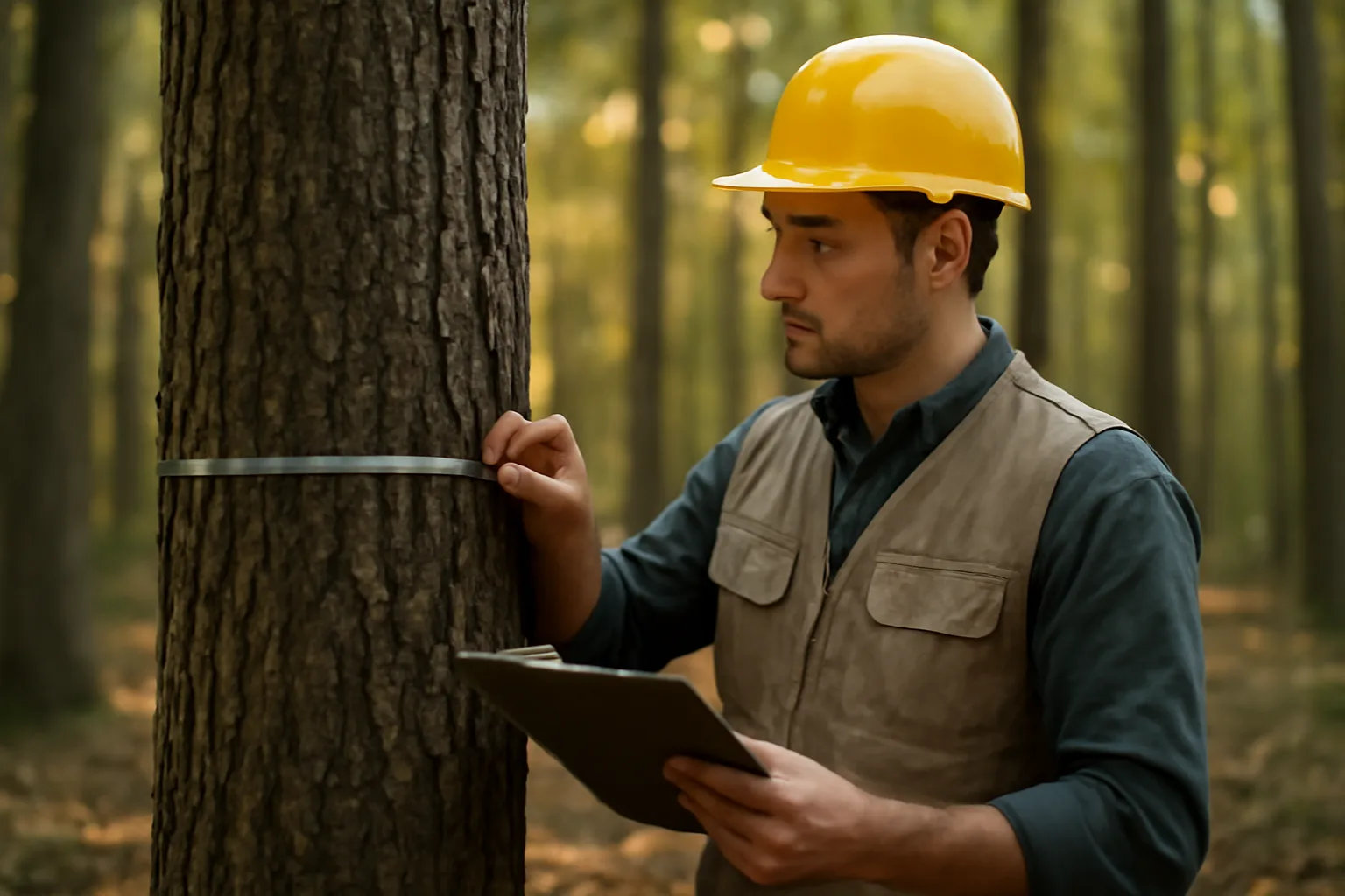 Forester measuring tree diameter in hardwood forest for management plan inventory