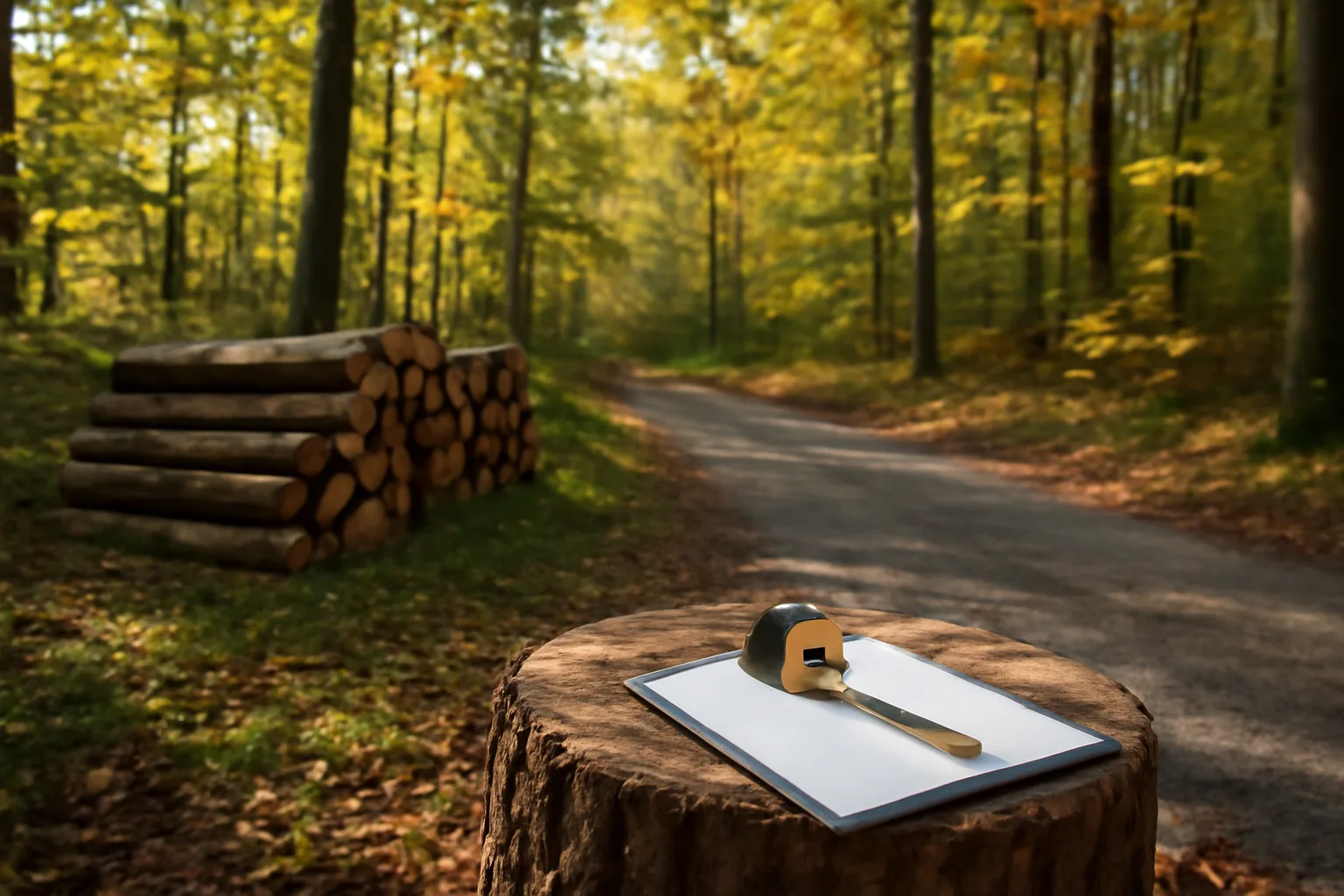 Stacked timber logs and a forester's clipboard in a sunlit autumn hardwood stand