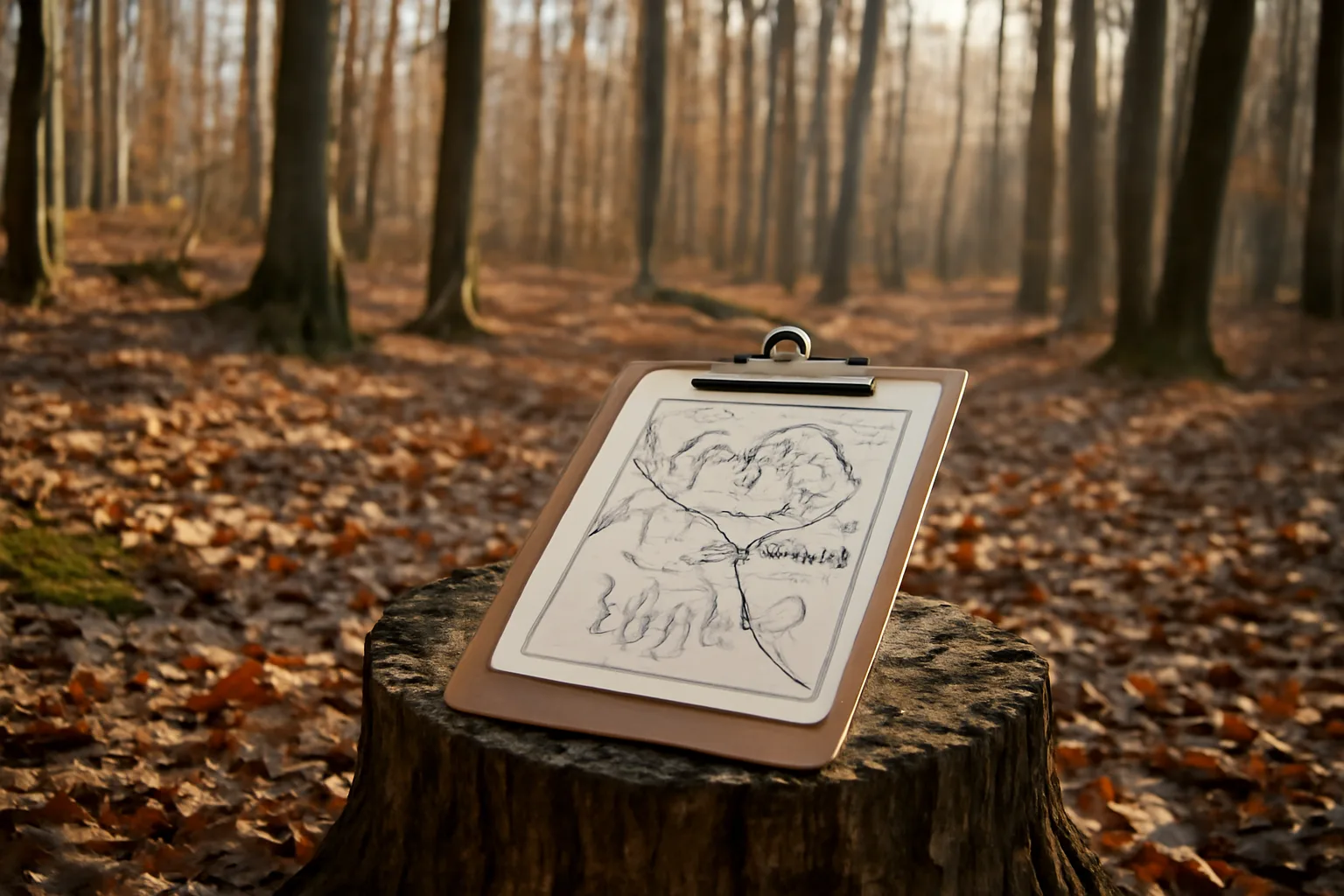 Forester's stand map on a stump in a thinned hardwood forest at sunrise