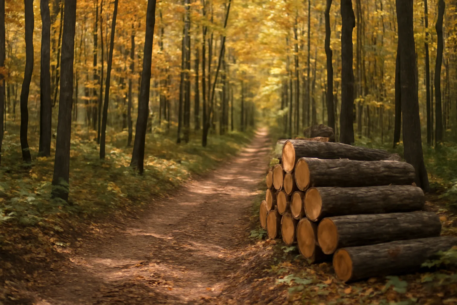 Thinned hardwood woodlot with a dirt trail, illustrating active forest management practices