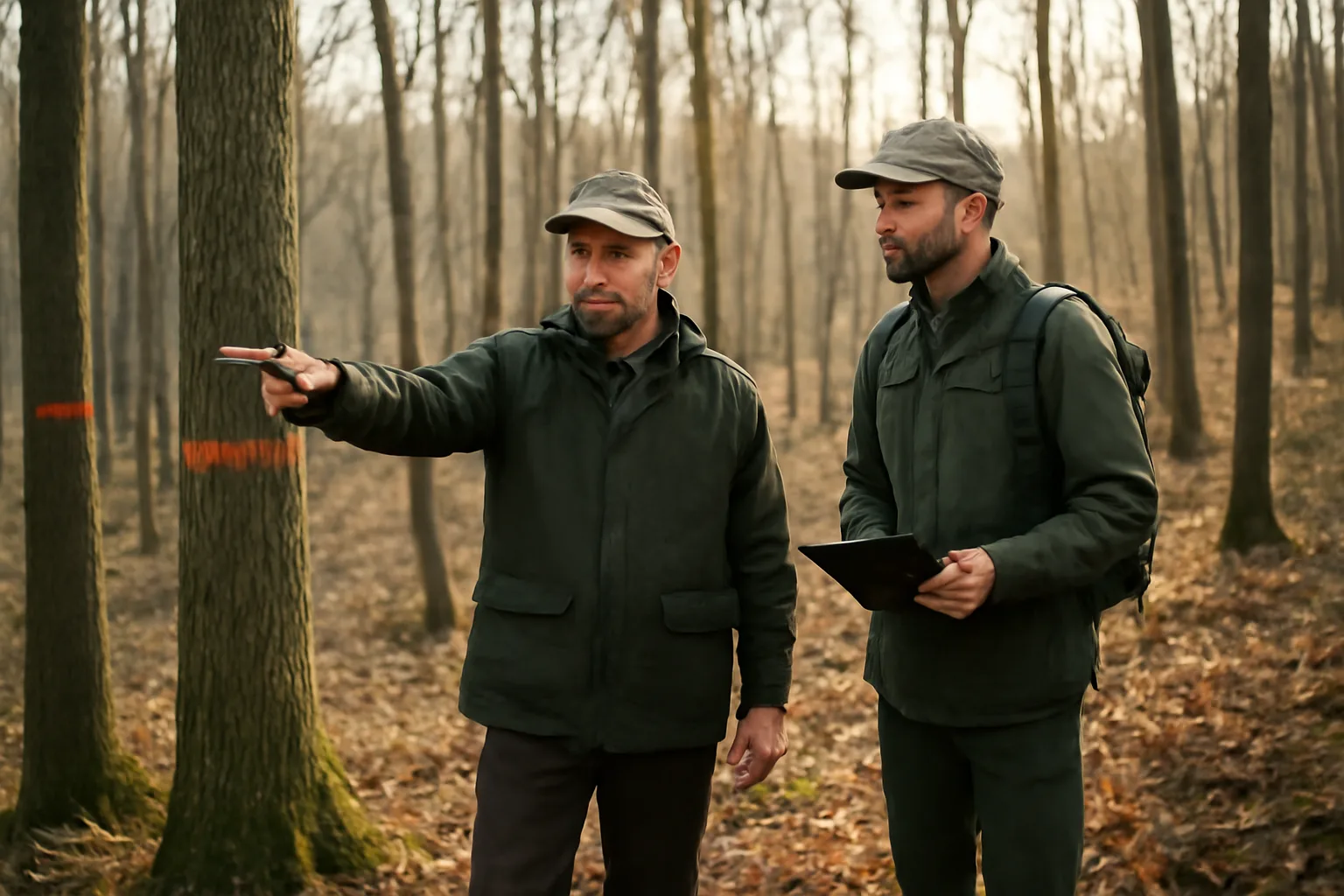 Landowner and forester reviewing a wooded stand as part of a forest management plan