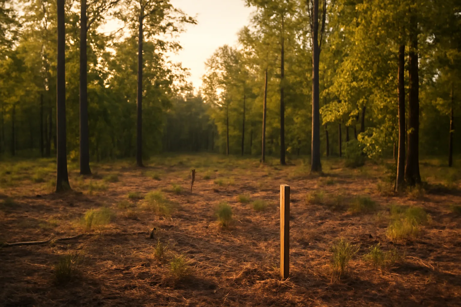 Thinned Georgia pine forest at sunset showing timber management ahead of a possible sale