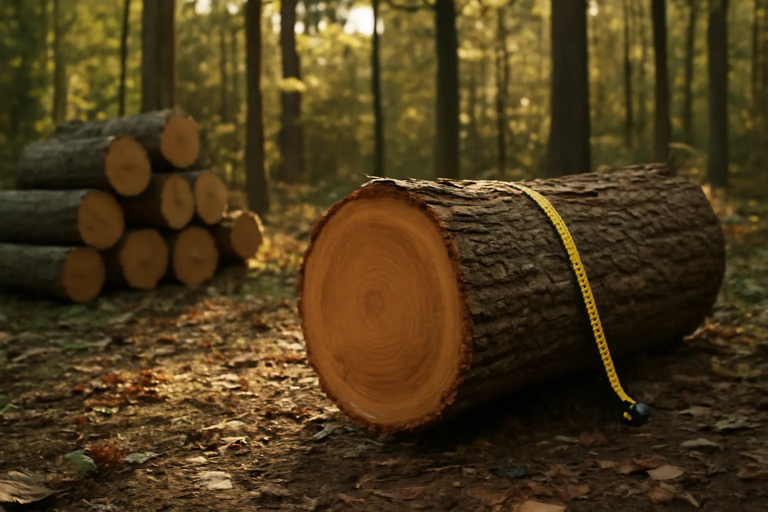 Cut timber logs stacked in a forest clearing during golden hour light