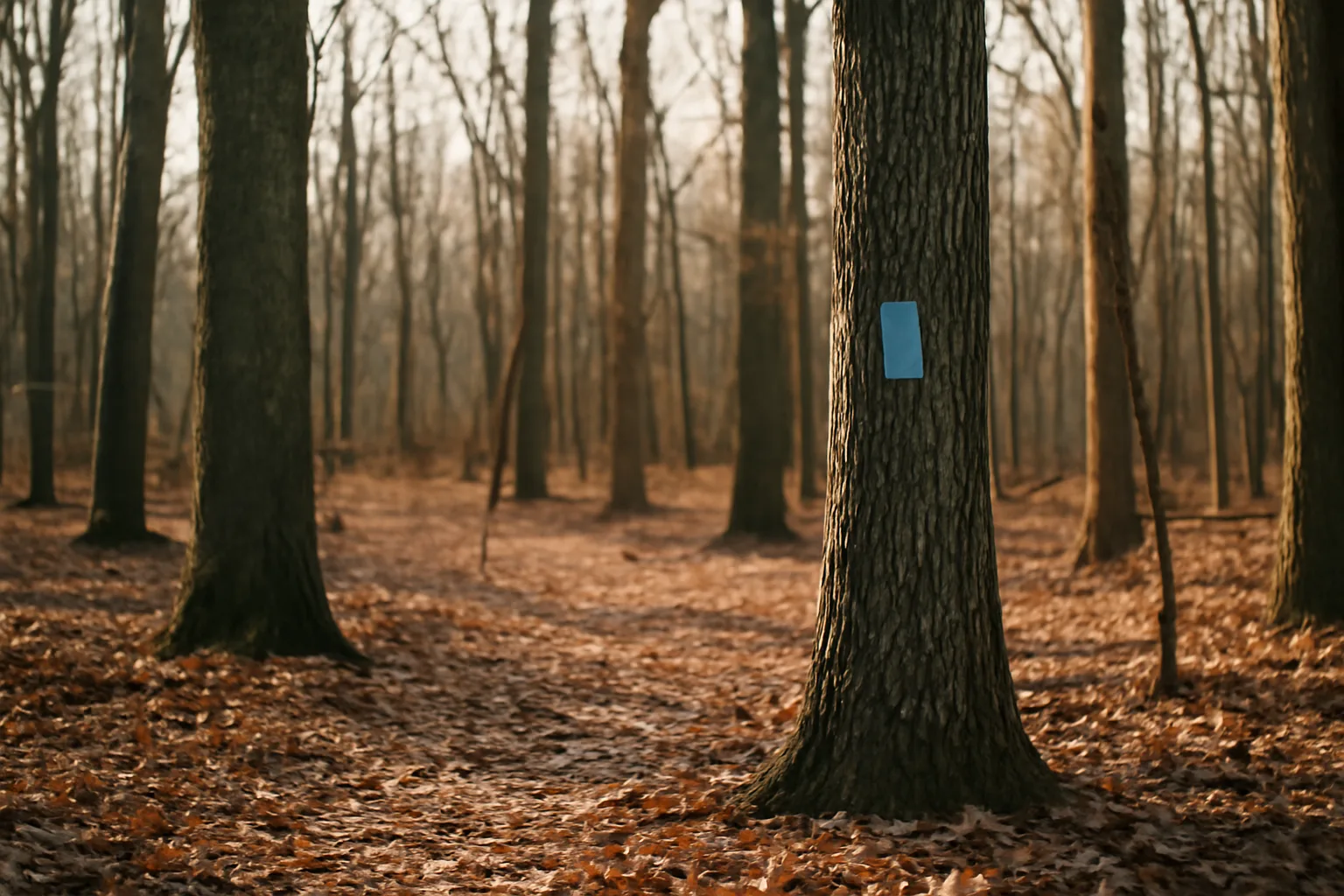 Sunlit hardwood woodlot with a blue-painted tree marking a managed forest stand