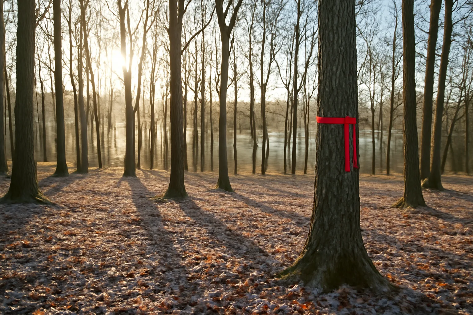 Sunlit hardwood woodlot with a flagged tree marking timber stand boundaries for management planning