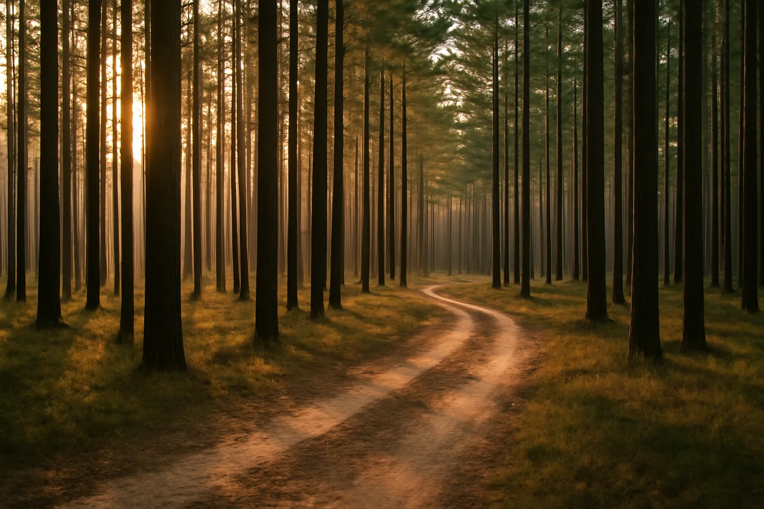Managed pine timberland in East Texas at golden hour showing rows of planted trees