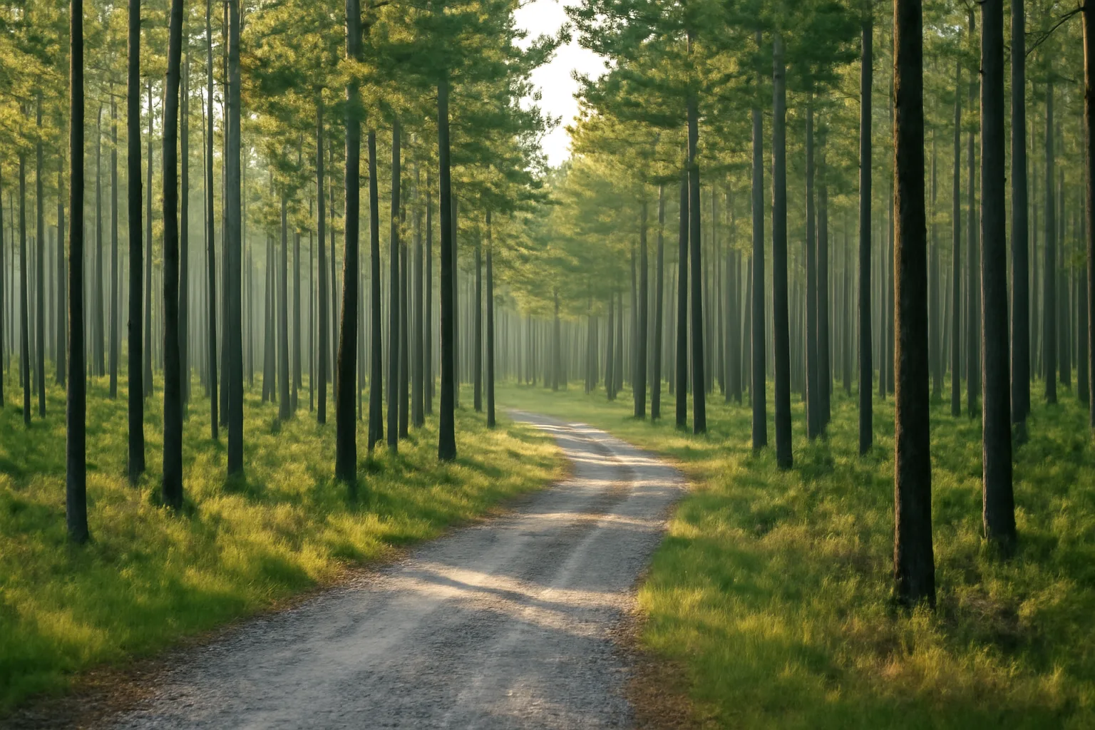 Sunlit rows of thinned pine trees on managed Texas timberland with a gravel access road