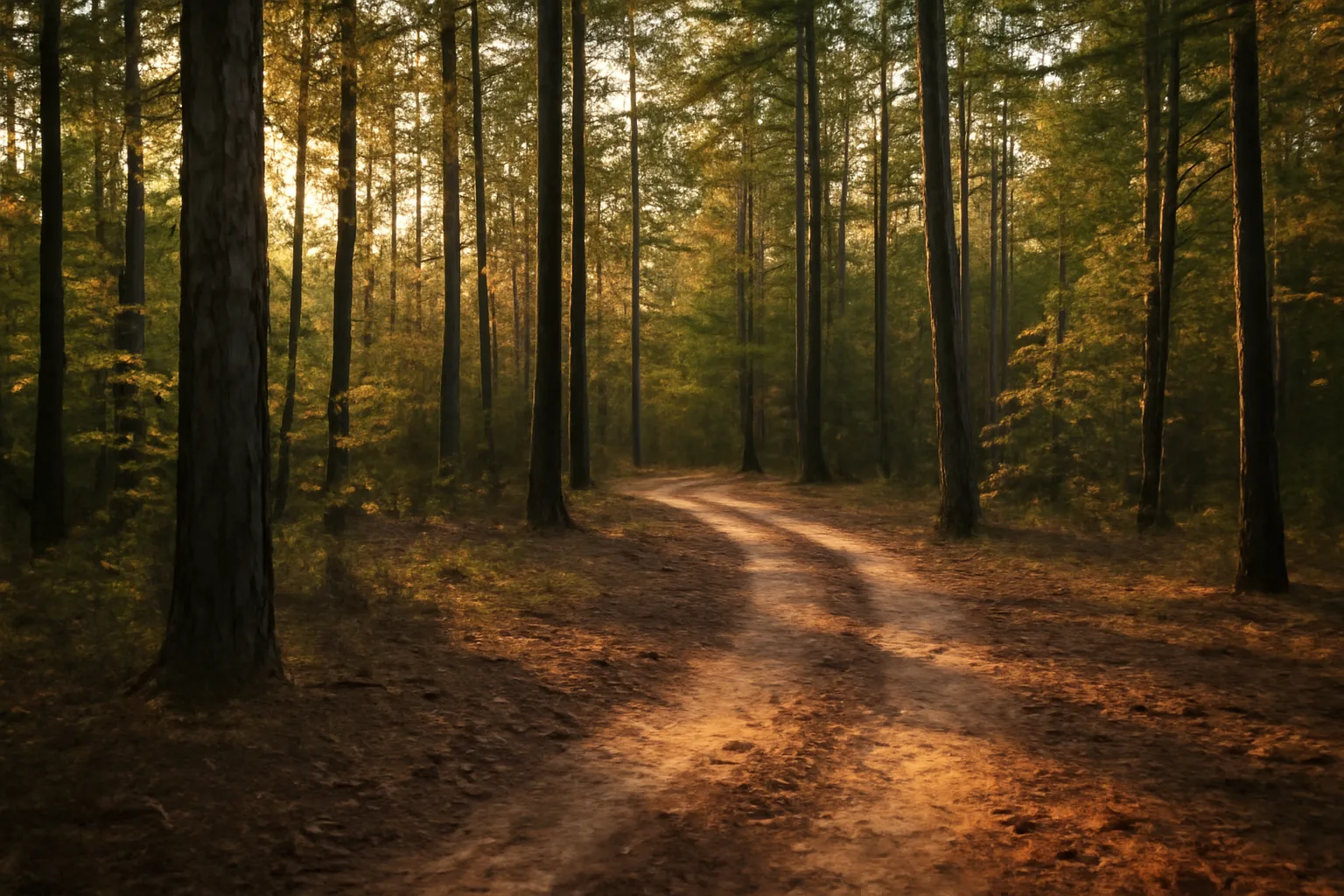 Sunlit Arkansas pine and hardwood woodlot with a dirt trail, illustrating timber tax credits arkansas