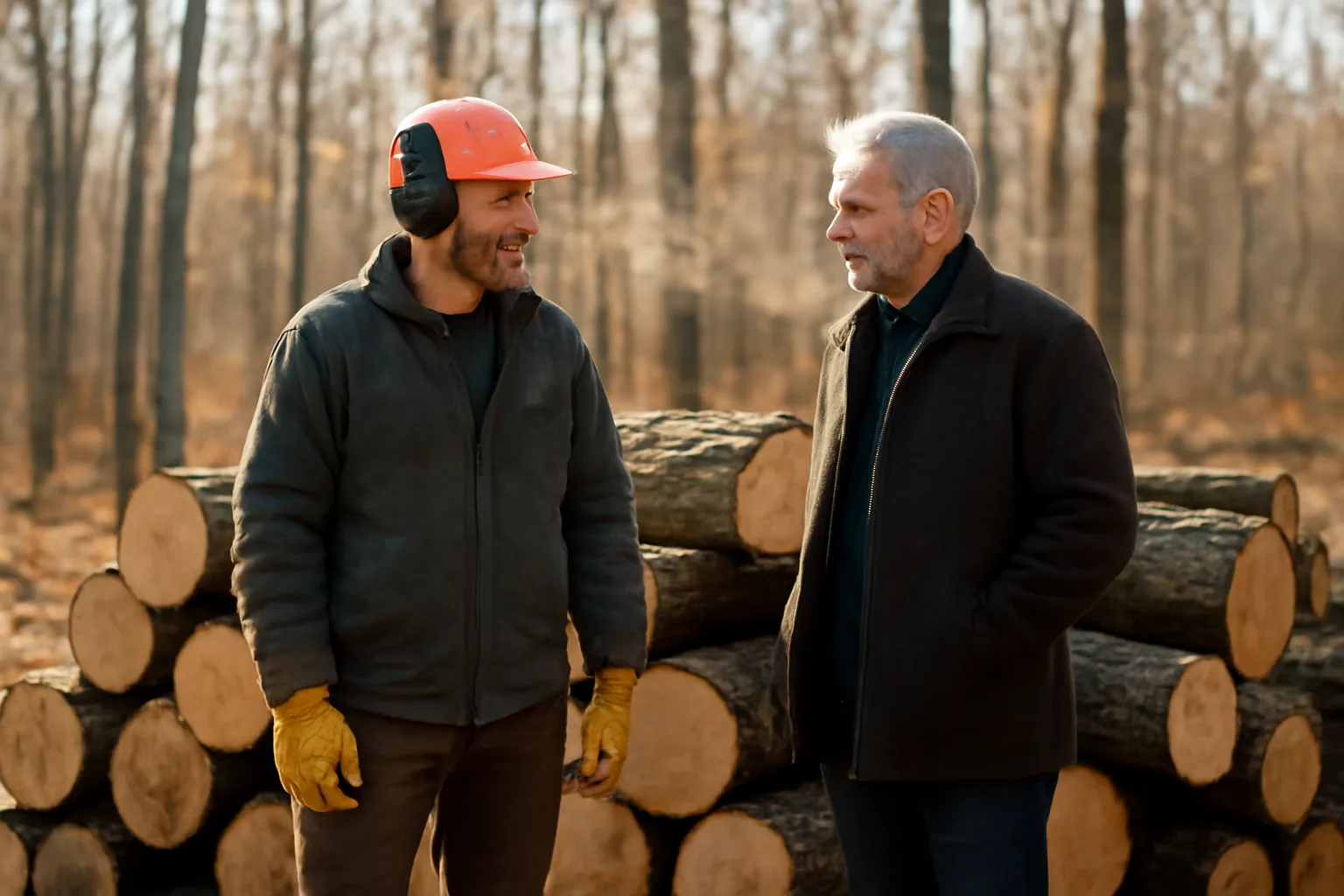 Landowner and logger inspecting cut logs at a woodland harvest site in autumn