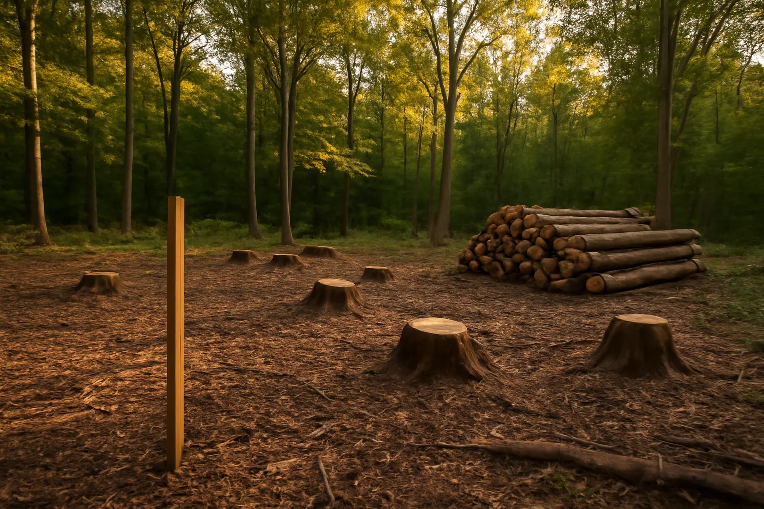 Woodland clearing with cut logs illustrating land basis and timber sale value