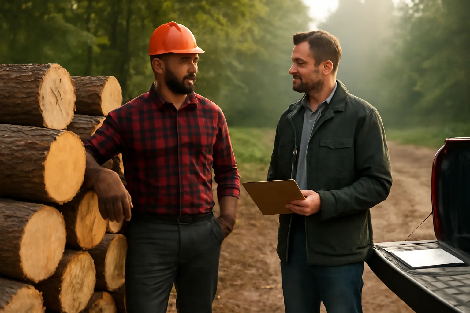Landowner and logger reviewing cut timber logs at a forest harvest site