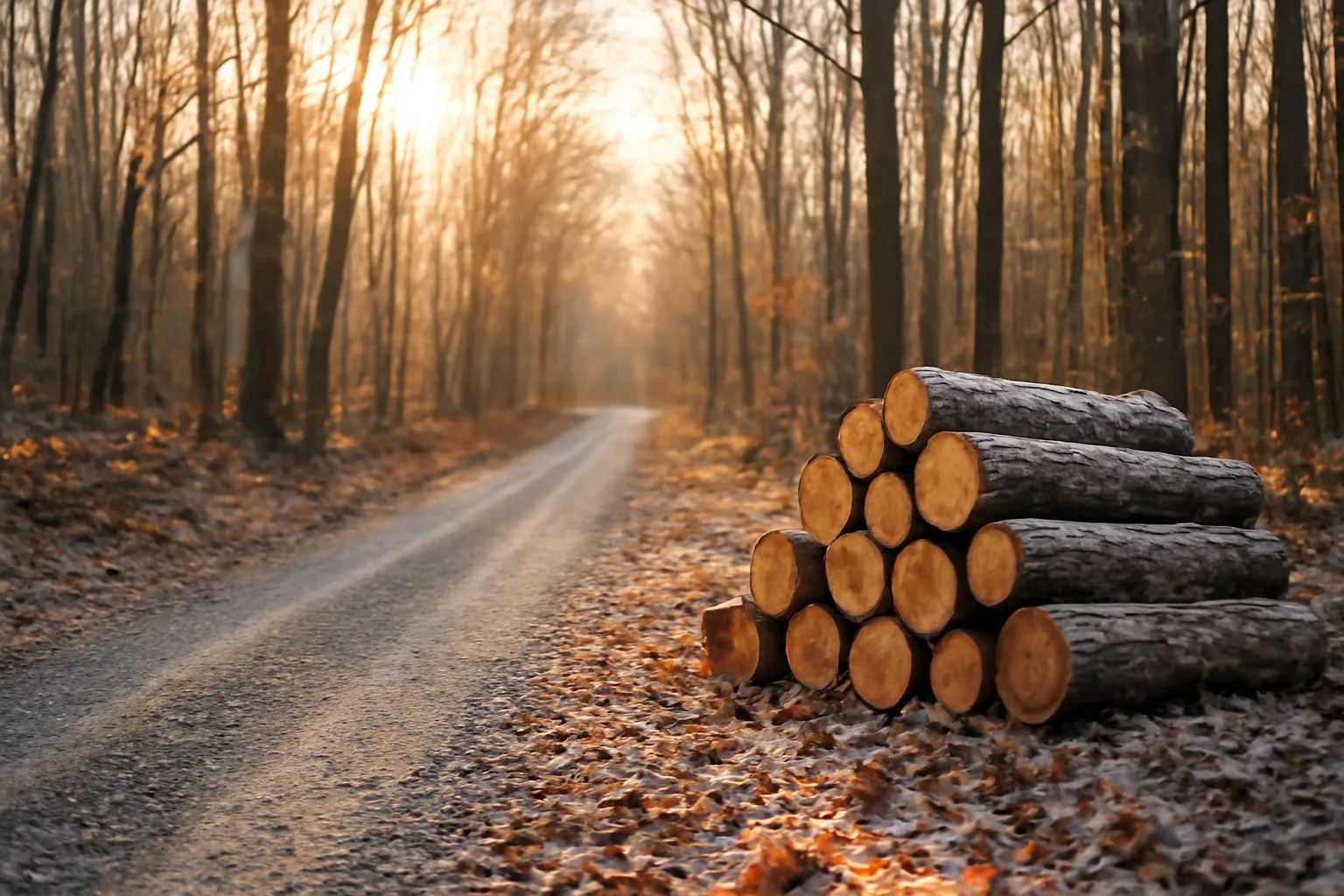 Cut logs stacked beside a gravel road in an autumn woodlot
