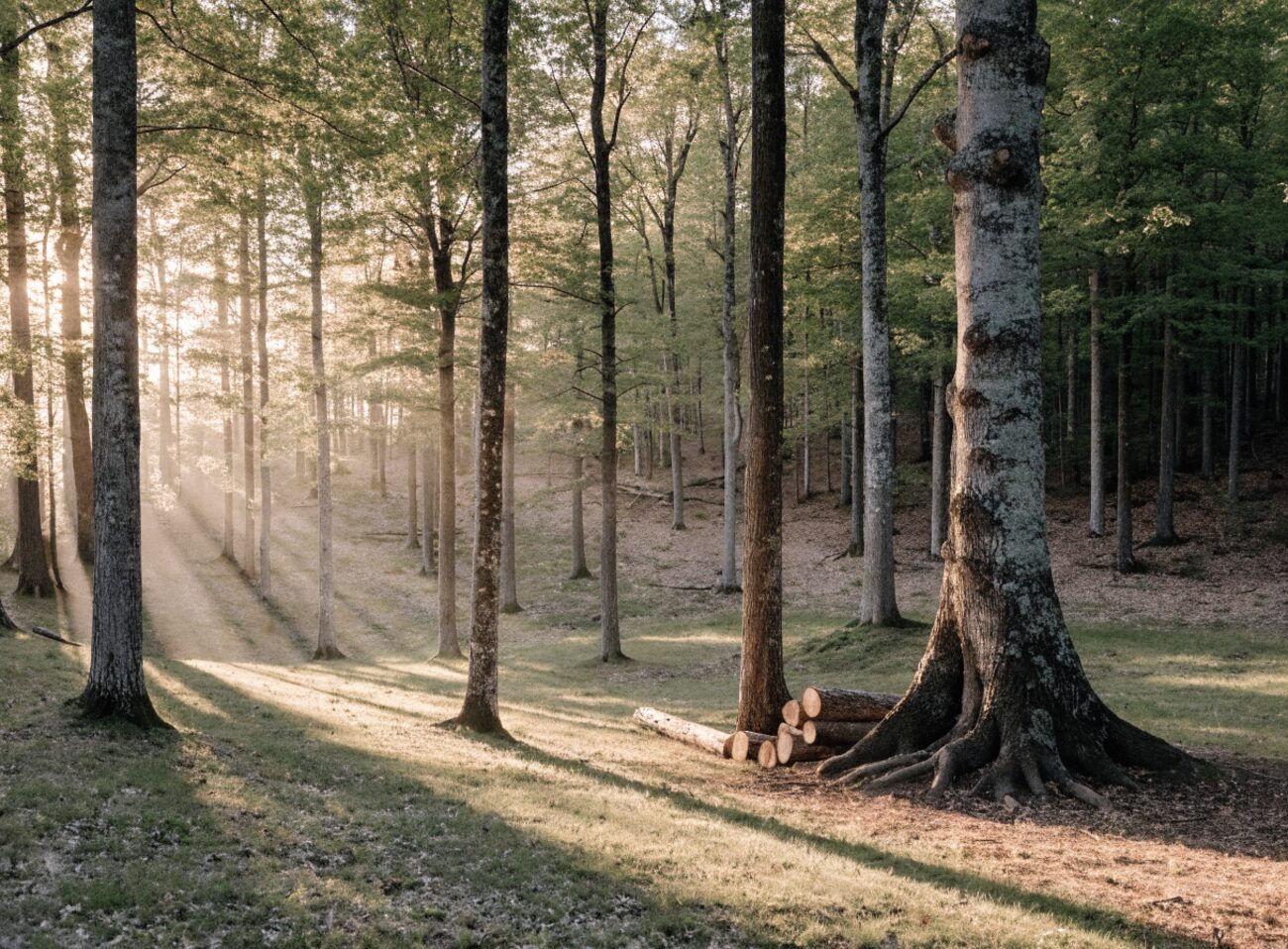 A healthy, well-managed hardwood forest with a clean understory in golden morning light